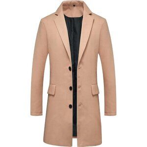Men's Khaki Classic Wool Single Breasted Mid Long Trench Overcoat Jackets